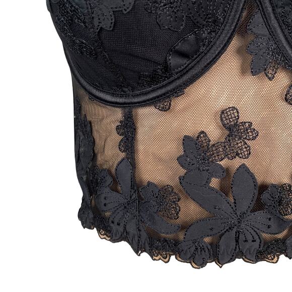 Black Floral Applique Lace Sheer Mesh Whimsigoth Corset Bustier Crop Top SZ S - Picture 3 of 7